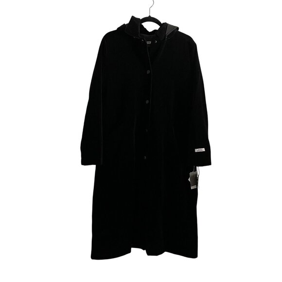 Jane Post Women M Black Velvet Hooded Snap Front Long Rain Slicker Coat NWT - Picture 1 of 13